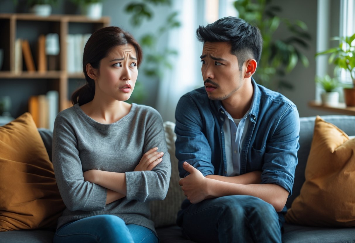 A young couple sitting in a living room having a serious conversation, the woman looks concerned and the man appears apologetic.
