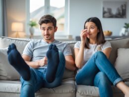 A young couple in a living room where the boyfriend is removing his socks and the girlfriend is holding her nose with a playful expression.