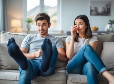 A young couple in a living room where the boyfriend is removing his socks and the girlfriend is holding her nose with a playful expression.