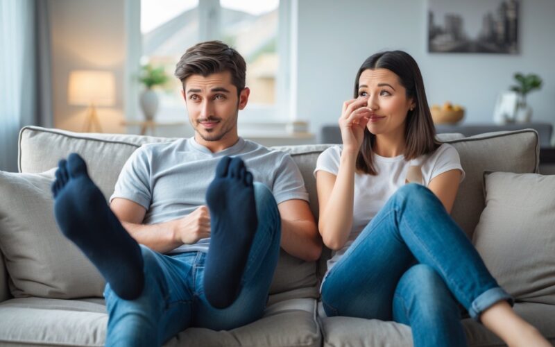 A young couple in a living room where the boyfriend is removing his socks and the girlfriend is holding her nose with a playful expression.