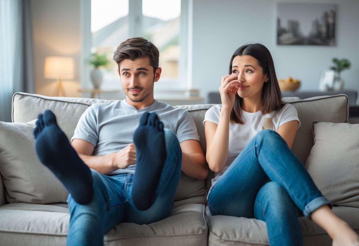 A young couple in a living room where the boyfriend is removing his socks and the girlfriend is holding her nose with a playful expression.