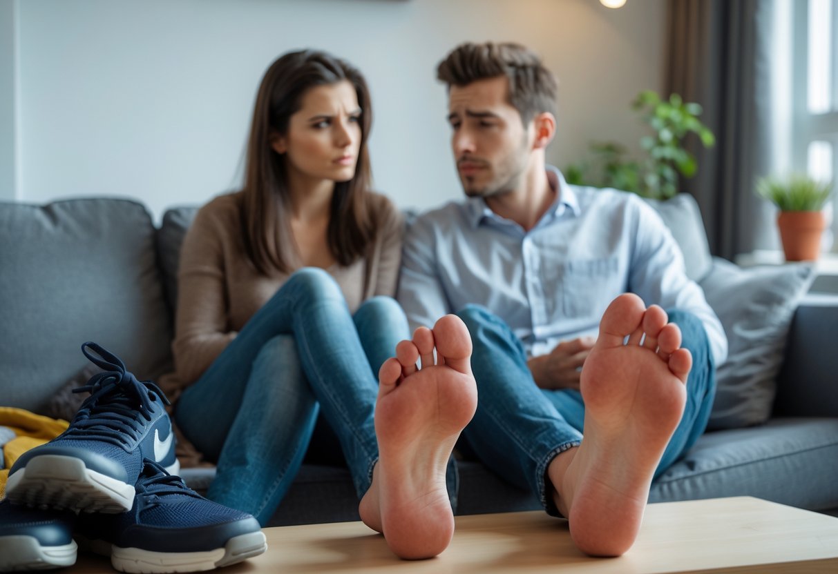 A young couple sitting on a couch, the woman looking concerned at the man's bare feet resting on a coffee table.