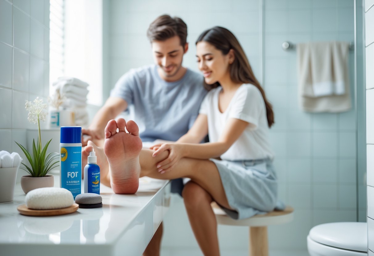 A young couple in a bathroom where the woman is applying foot care products to the man's feet.
