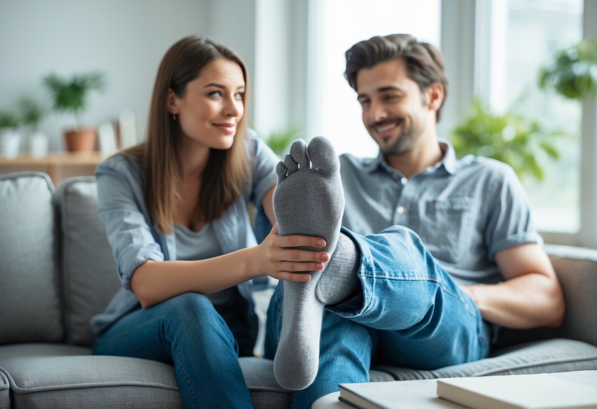 A young couple in a living room, the woman examining the man's foot while they both smile.