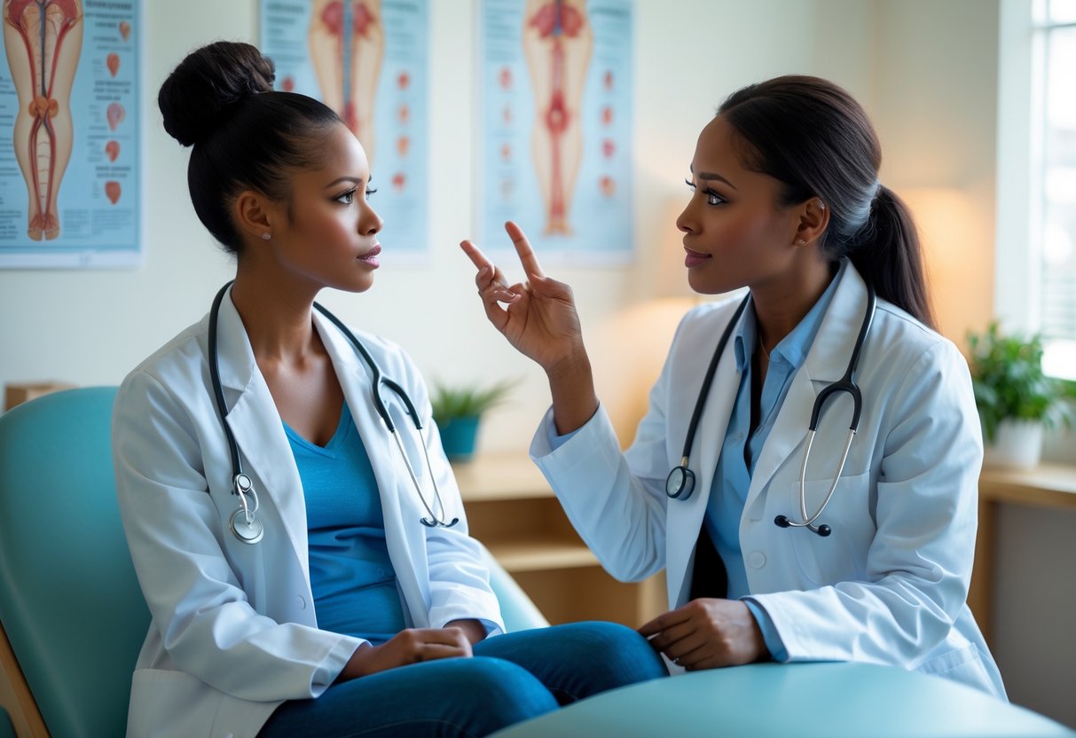 A young woman sitting on an examination table talking with a female doctor in a medical clinic.