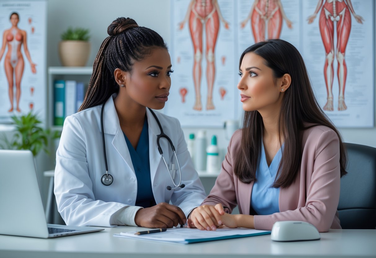 A female healthcare professional consulting with a young woman in a medical office, discussing women's health.