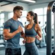 A young man and woman talking and smiling near workout equipment in a bright gym.