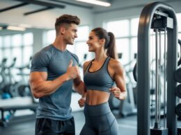 A young man and woman talking and smiling near workout equipment in a bright gym.