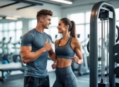 A young man and woman talking and smiling near workout equipment in a bright gym.