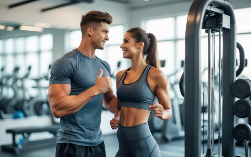 A young man and woman talking and smiling near workout equipment in a bright gym.
