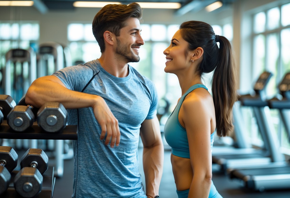 A man and woman in a gym making eye contact and smiling at each other while surrounded by workout equipment.