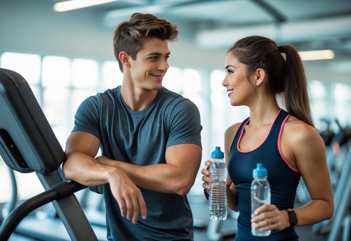 A young man and woman in a gym subtly interacting, showing interest through body language and eye contact.