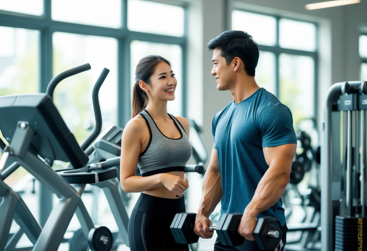 A young woman and man in a gym looking at each other with friendly and interested expressions.
