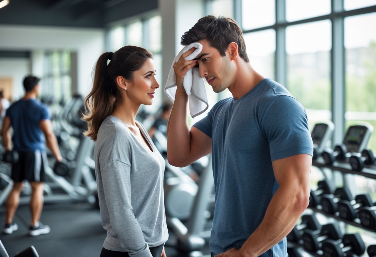 A young woman and a young man in a gym looking at each other with shy curiosity while others exercise in the background.