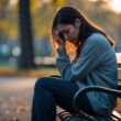 A young woman sitting alone on a park bench looking sad and tearful, surrounded by trees and fallen leaves.
