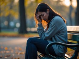 A young woman sitting alone on a park bench looking sad and tearful, surrounded by trees and fallen leaves.