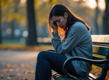 A young woman sitting alone on a park bench looking sad and tearful, surrounded by trees and fallen leaves.
