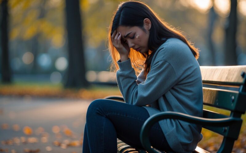 A young woman sitting alone on a park bench looking sad and tearful, surrounded by trees and fallen leaves.