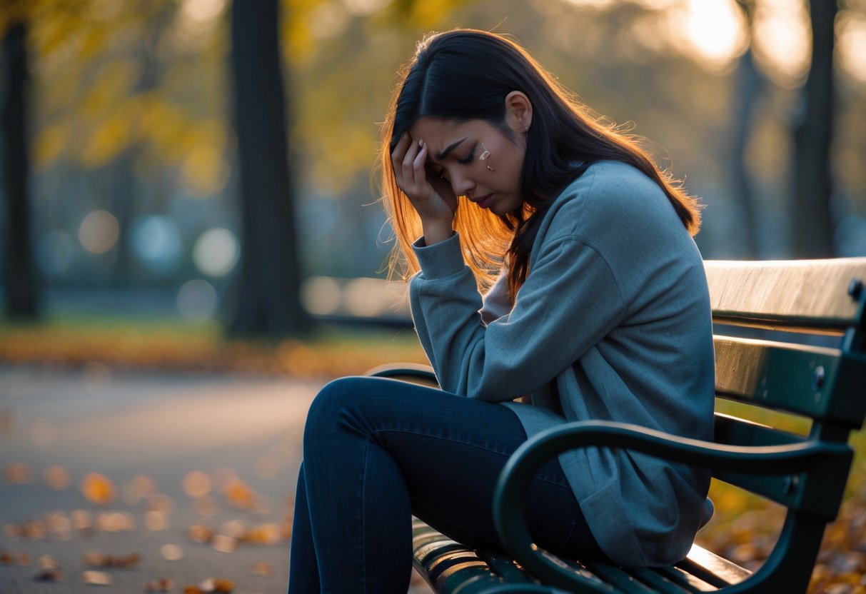 A young woman sitting alone on a park bench looking sad and tearful, surrounded by trees and fallen leaves.