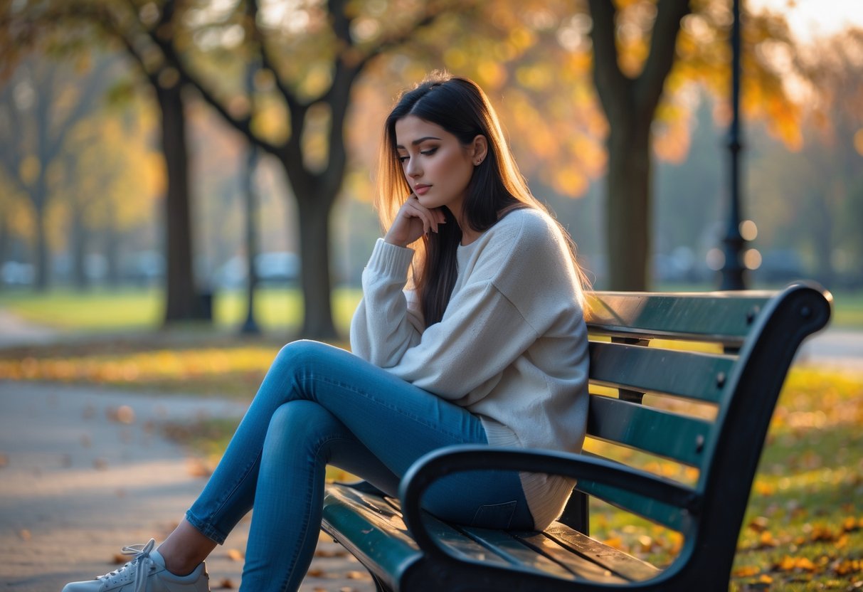 A young woman sitting alone on a park bench looking thoughtful and sad in a quiet outdoor setting.
