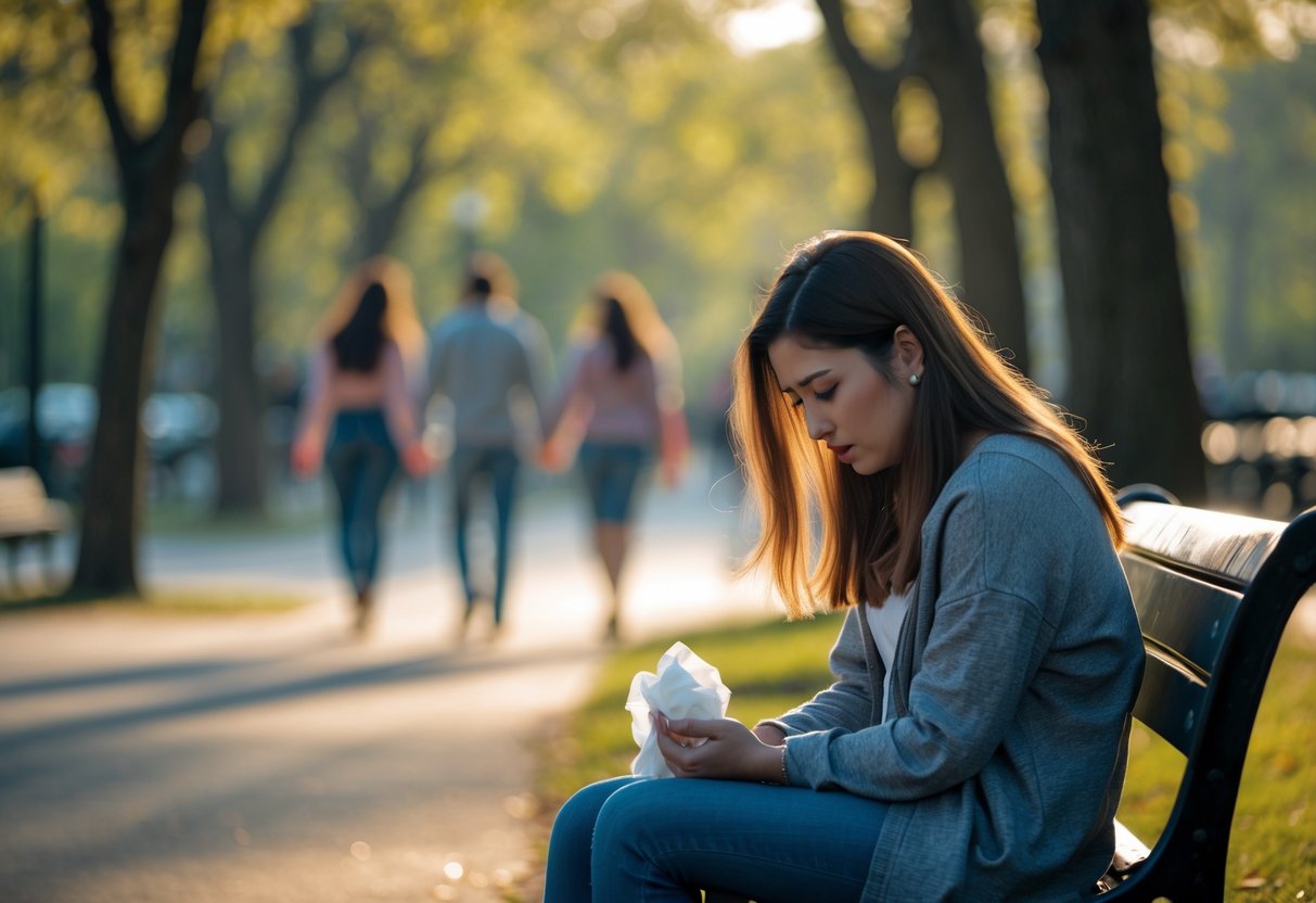 A young woman sitting alone on a park bench looking sad and contemplative, holding a tissue, with blurred couples walking in the background.