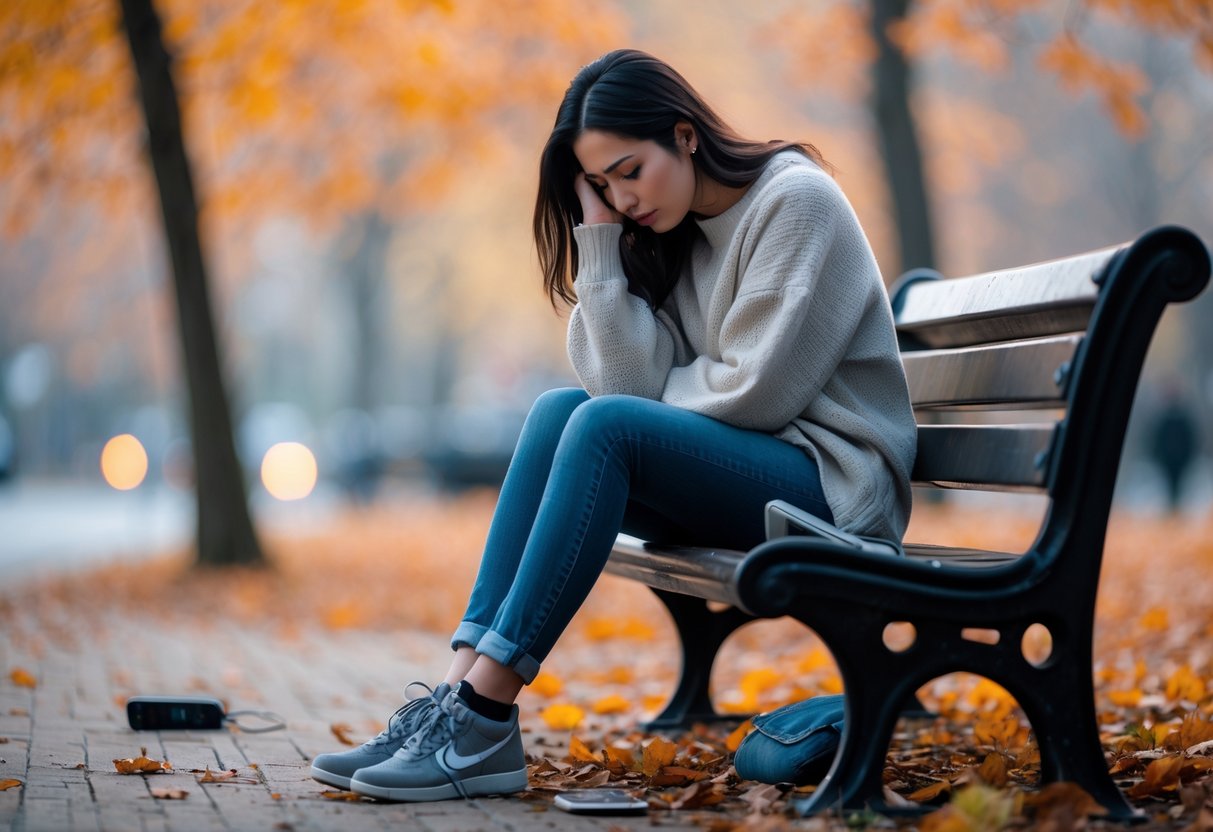 A young woman sitting alone on a park bench in autumn, looking down thoughtfully with a phone beside her.