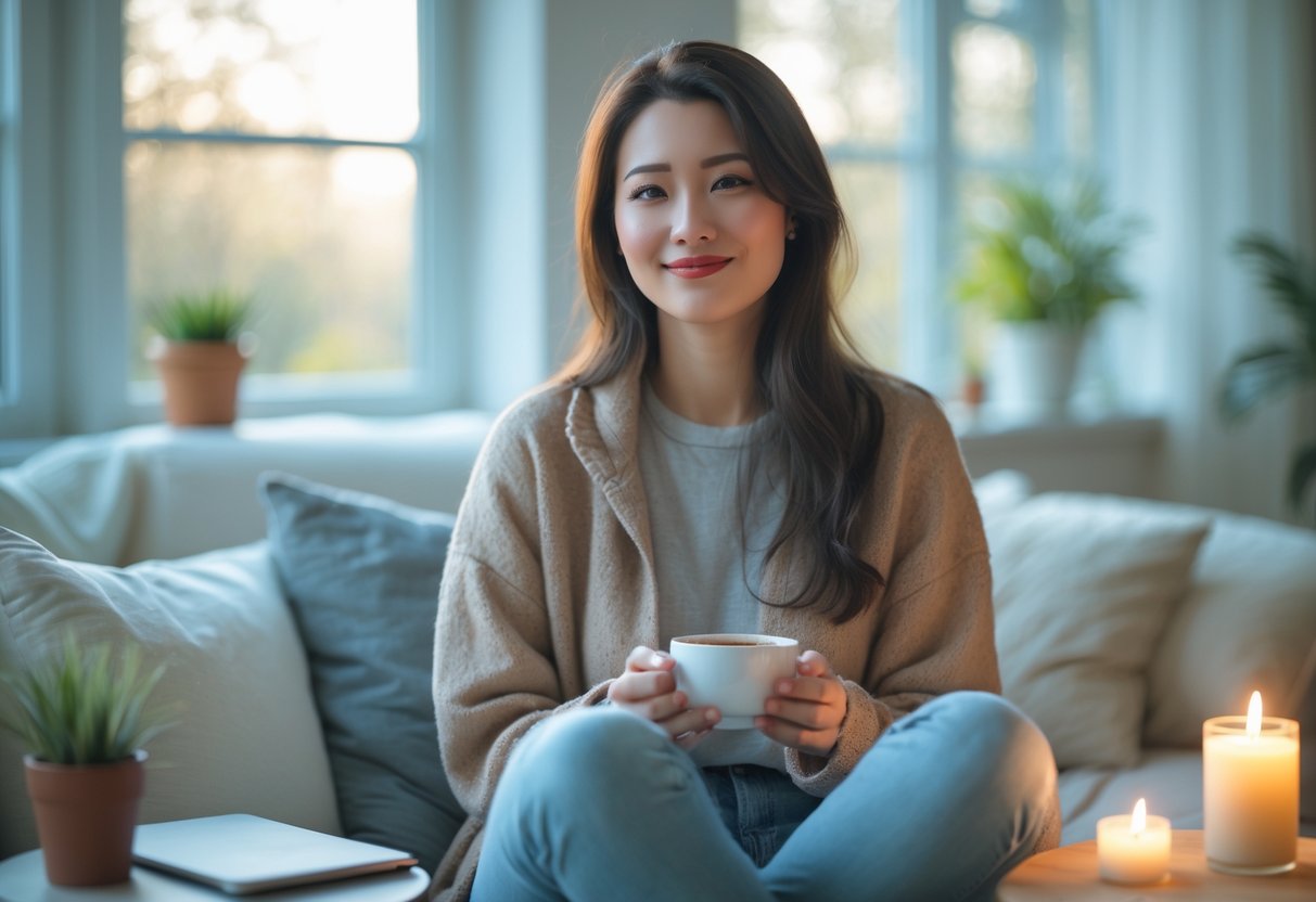 A young woman sitting in a bright living room, smiling peacefully while holding a cup, surrounded by items symbolizing self-care.