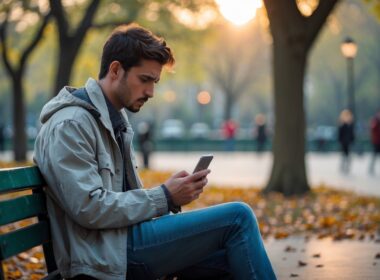 A young man sitting alone on a park bench, looking at his smartphone with a worried expression.
