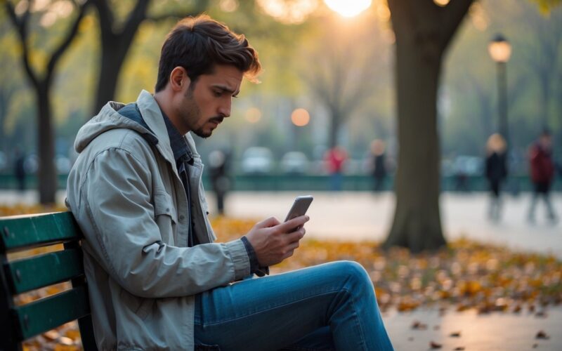 A young man sitting alone on a park bench, looking at his smartphone with a worried expression.