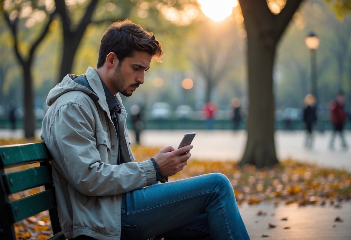 A young man sitting alone on a park bench, looking at his smartphone with a worried expression.