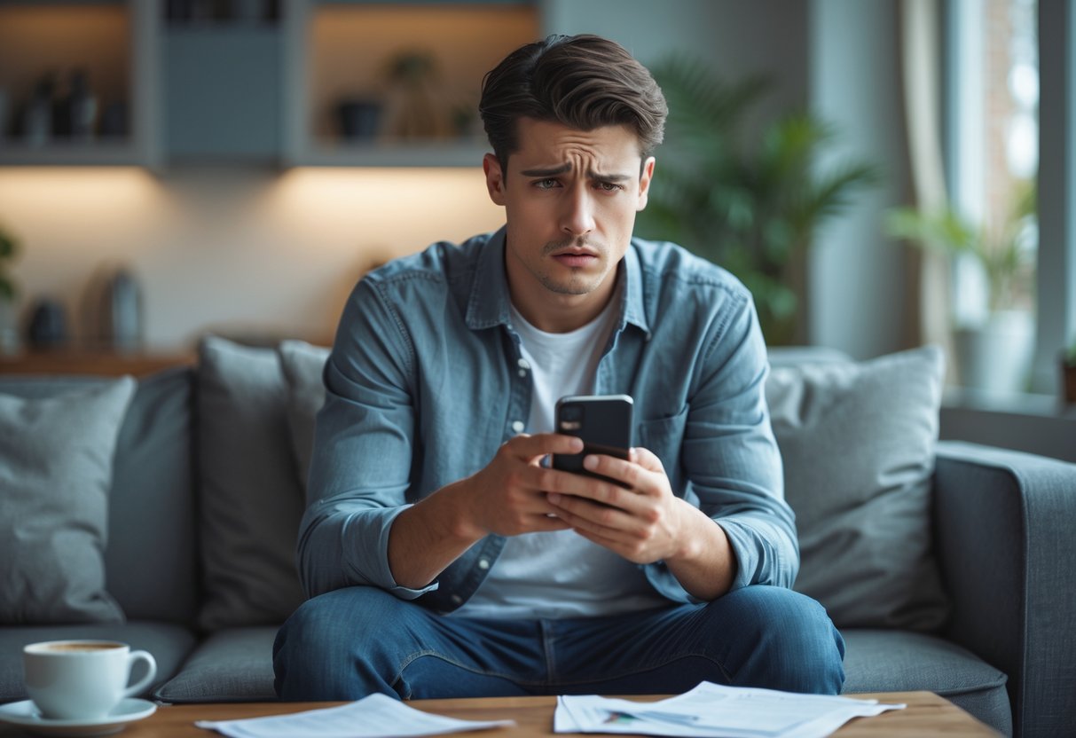 A young man sitting alone on a couch looking worriedly at his smartphone in a living room.
