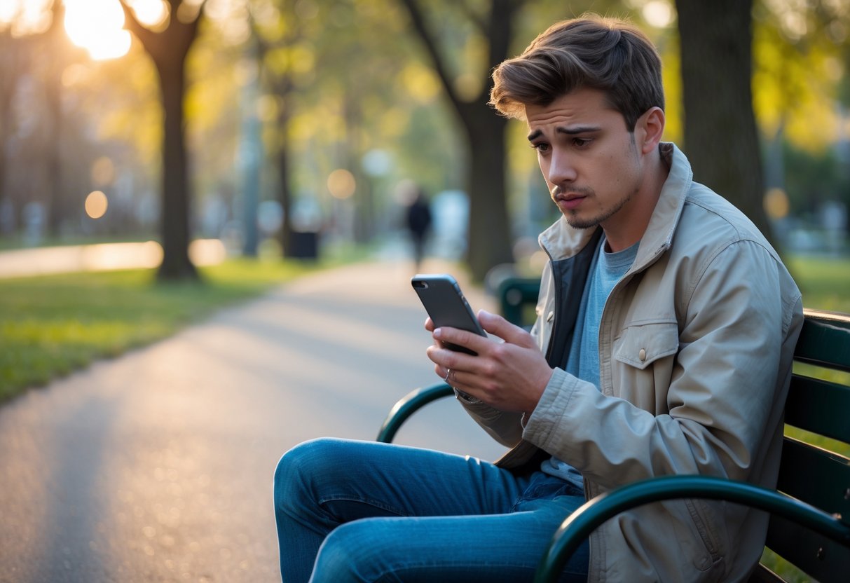 A young man sitting alone on a park bench looking thoughtfully at his smartphone.