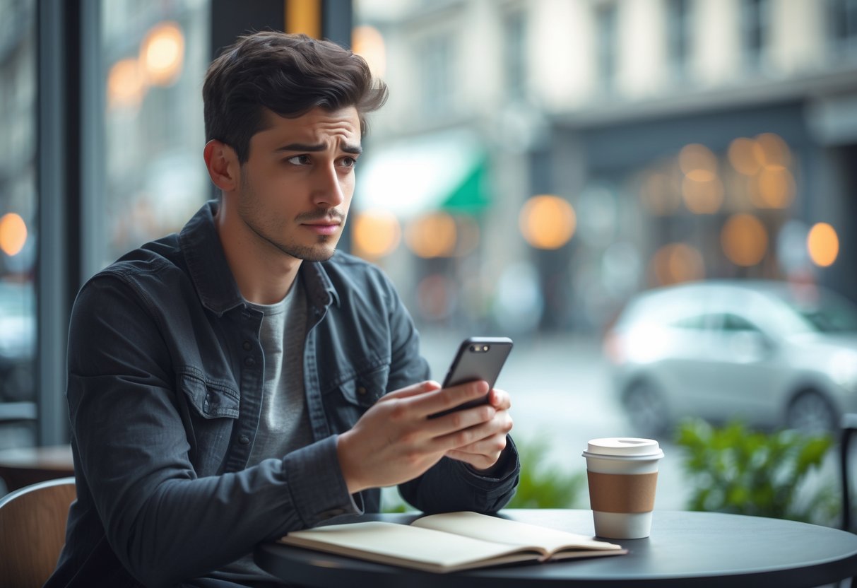A young man sitting alone at a cafe table looking thoughtfully at his smartphone with a concerned expression.