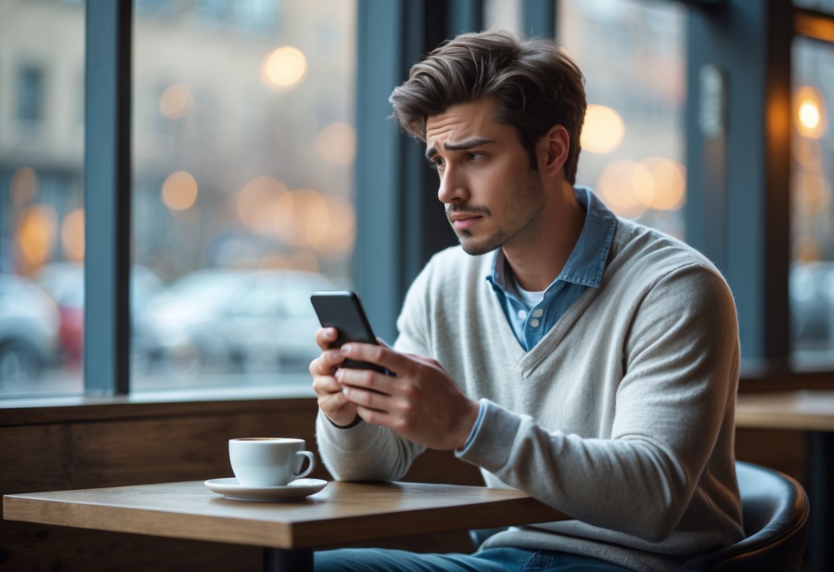 A young man sitting alone at a coffee shop table, looking thoughtfully at his smartphone with a concerned expression.