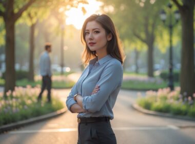 A young woman standing confidently at a crossroads in a park, looking ahead with determination as a person walks away in the background.