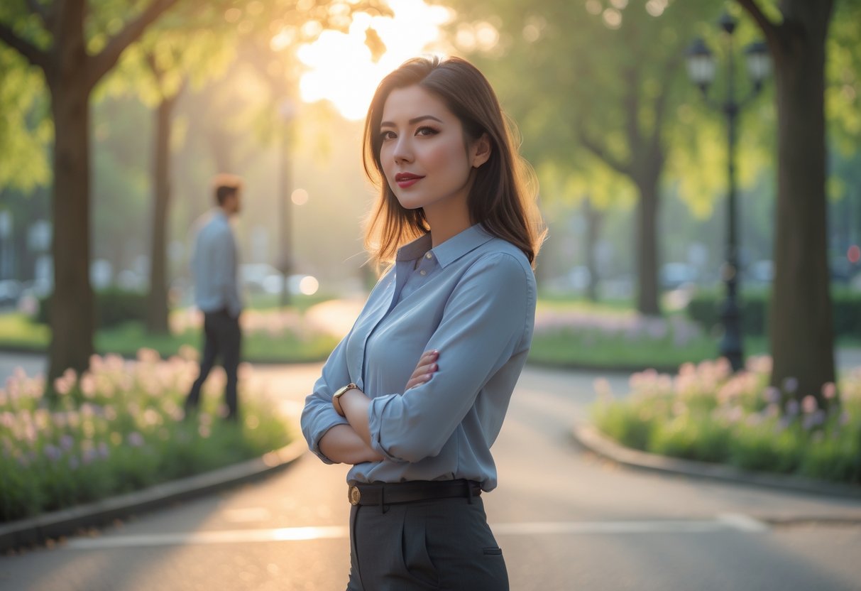A young woman standing confidently at a crossroads in a park, looking ahead with determination as a person walks away in the background.