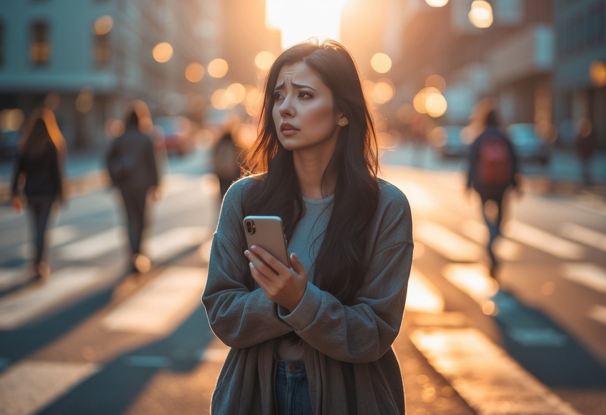 A young woman standing alone at a city crossroads looking thoughtful and conflicted, with blurred figures walking away in different directions around her.