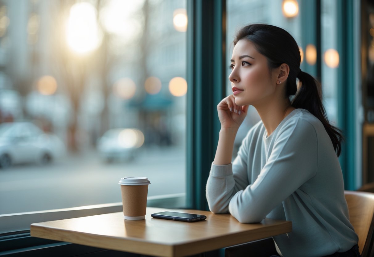 A young woman sitting alone at a café table looking thoughtfully out a window while holding a cup of coffee.