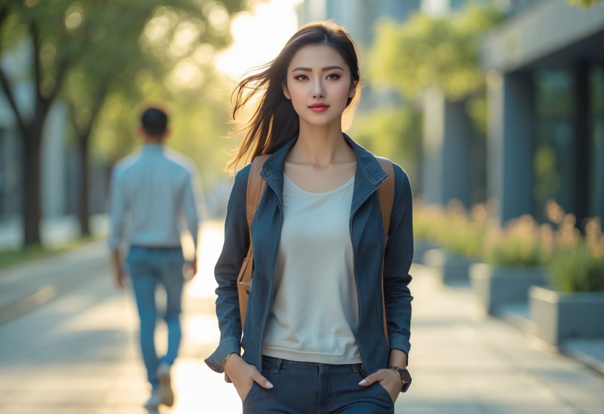 A young woman walking confidently along a sunlit city path, leaving behind a blurred figure in the background.