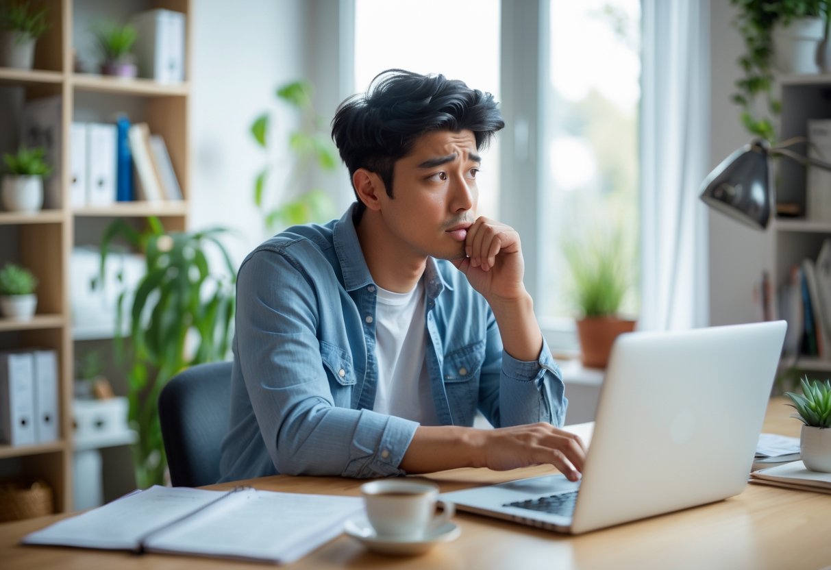 A young adult sitting at a desk looking thoughtfully at a laptop in a bright home office.