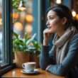 A young woman sitting alone at a cafe table, looking thoughtfully out the window while holding a cup of coffee.