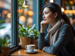 A young woman sitting alone at a cafe table, looking thoughtfully out the window while holding a cup of coffee.