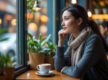 A young woman sitting alone at a cafe table, looking thoughtfully out the window while holding a cup of coffee.