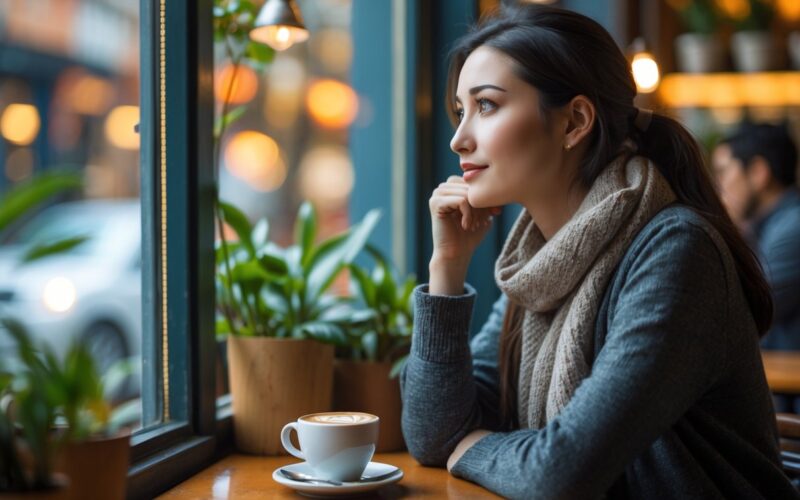 A young woman sitting alone at a cafe table, looking thoughtfully out the window while holding a cup of coffee.