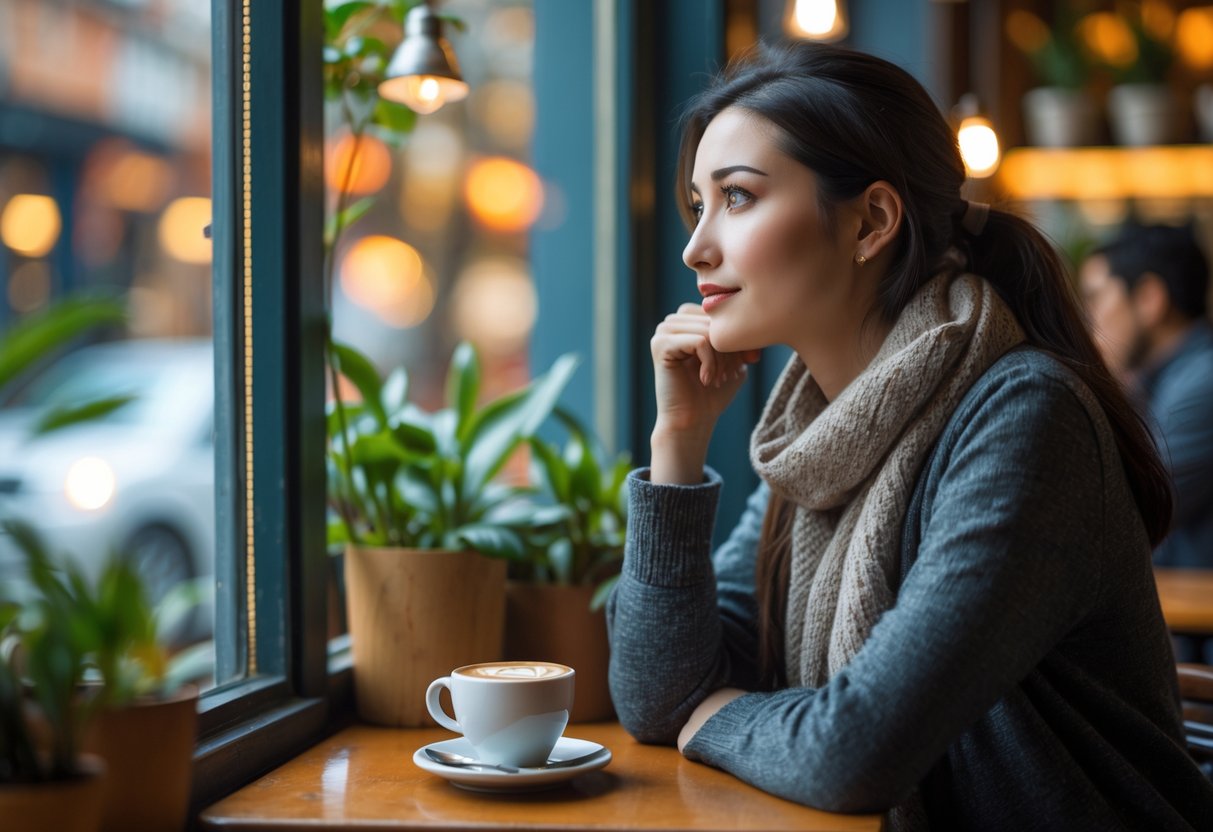 A young woman sitting alone at a cafe table, looking thoughtfully out the window while holding a cup of coffee.