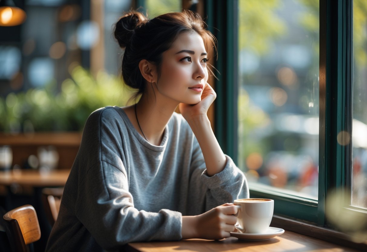 A young woman sitting alone in a café, looking thoughtfully out the window while holding a cup of coffee.