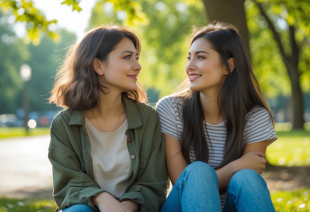 Two young women outdoors in a park, one looking thoughtfully at the other who is smiling warmly.
