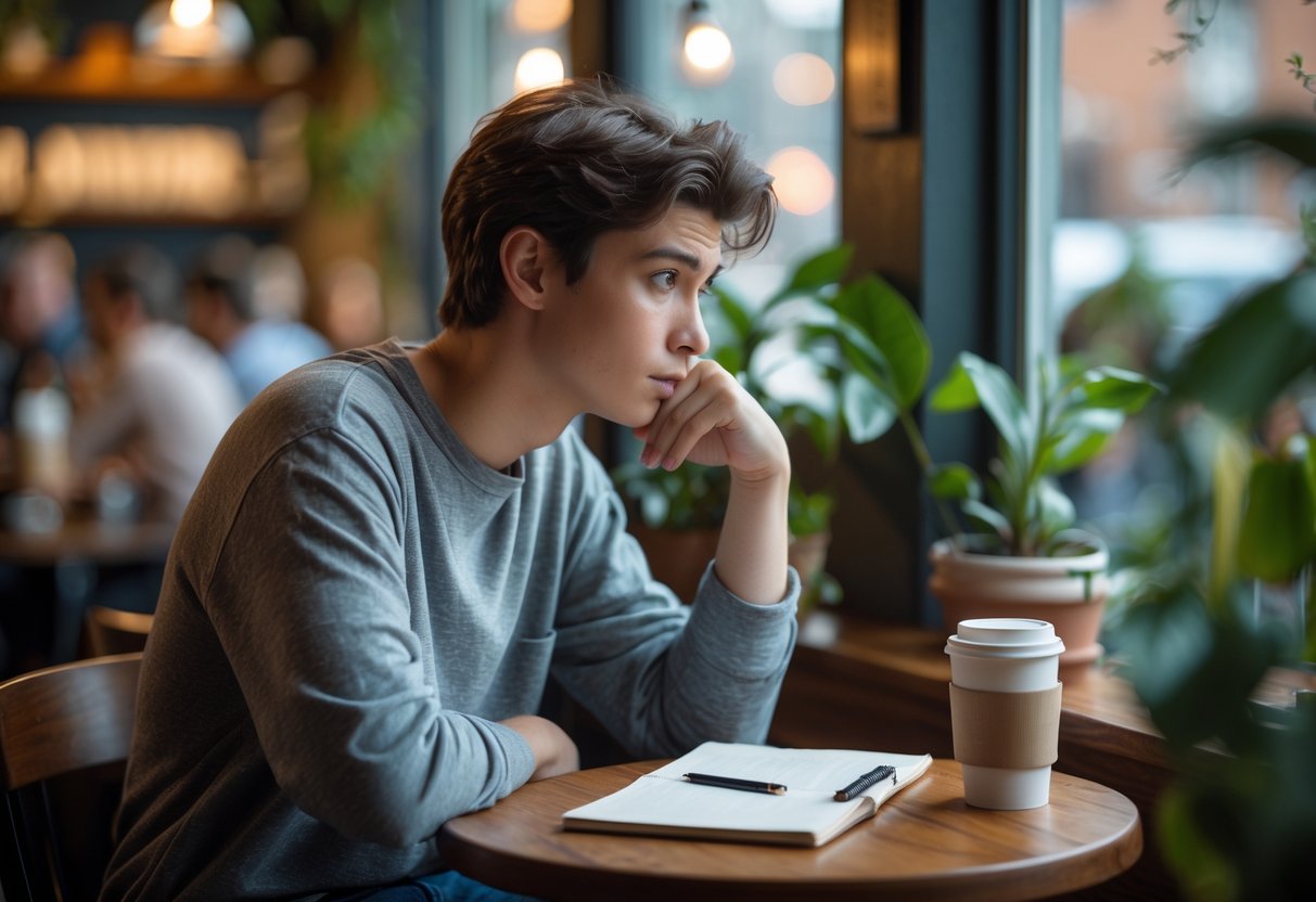 A young person sitting alone at a coffee shop table, looking thoughtful and contemplative.