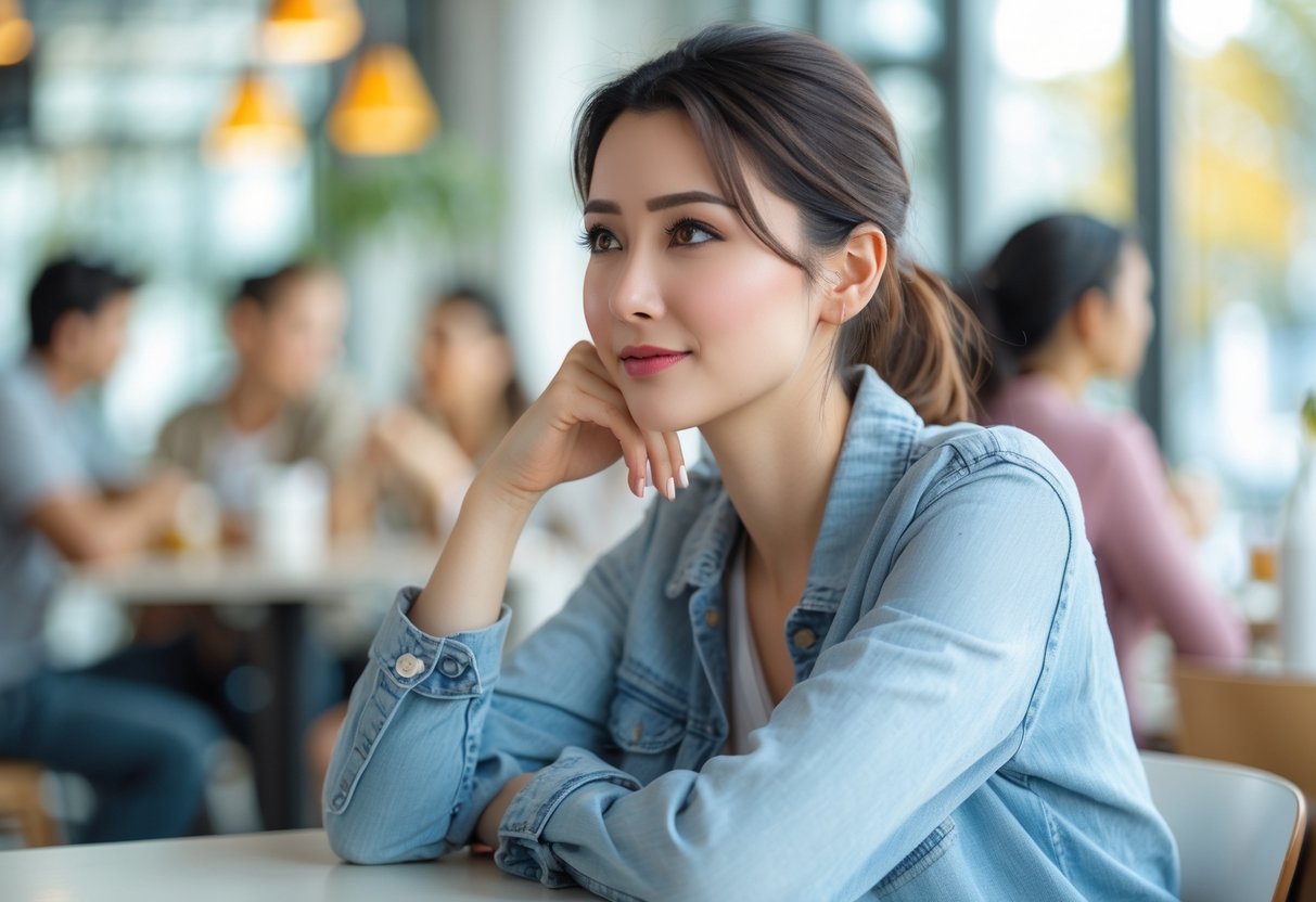 A young woman sitting in a café looking thoughtful and contemplative.