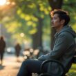 A young adult sitting alone on a park bench looking thoughtful and contemplative in a peaceful park setting.